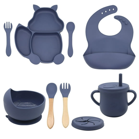 Riwcyla best,selling complementary food tableware set bib squirrel plate bowl with suction cup two,in,one cup spoon fork (female vest) Dark blue (female vest)
