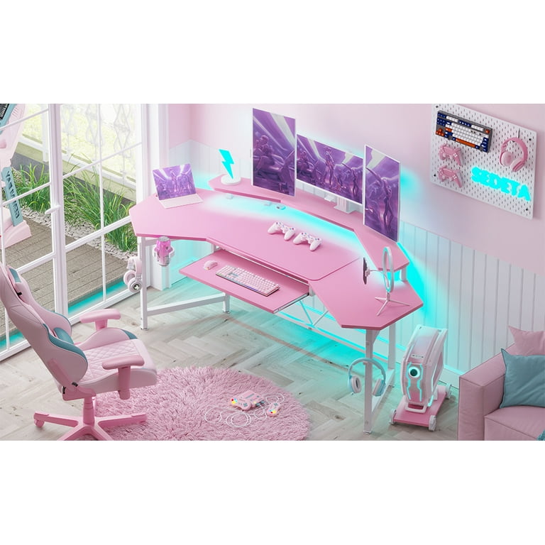 Pink Computer Gaming Desk with LED Lights L Shaped Gaming Desk Table for Home Office with Keyboard Tray Dual Headphone Hooks