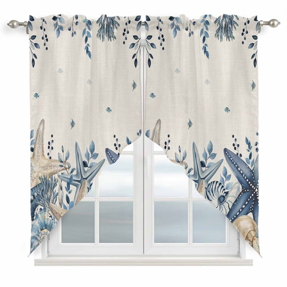 Blue Starfish Coastal Swag Curtains for Kitchen/Bedroom/Living Room, Eucalyptus Summer Nautical Shell Rustic Scalloped Curtains 63 Inch Long, Window Swag Topper Curtains Valances 2 Panels Set 36"x63"