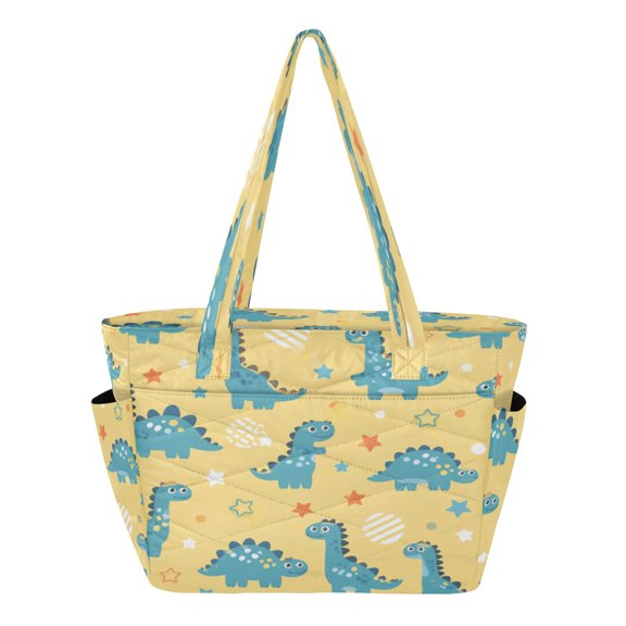 Quilted Tote Bag Large Capacity Multi-Compartment Handbag Blue Dinosaur Star Pattern Lightweight Structured Shoulder Bag Versatile Casual Bag