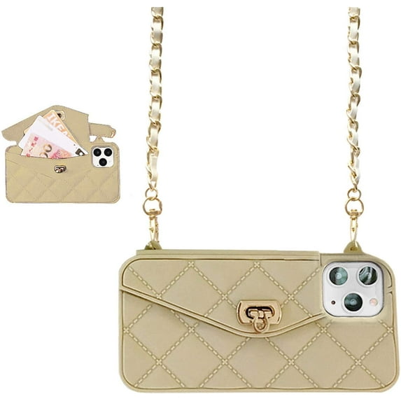 Wallet Case Compatible with iPhone 12 Pro Max, Cute Light Luxury Bag Design, Purse Flip Card Pouch Cover Soft Silicone Case with Handstrap Long Shoulder Strap (Khaki, iPhone 12 Pro Max)