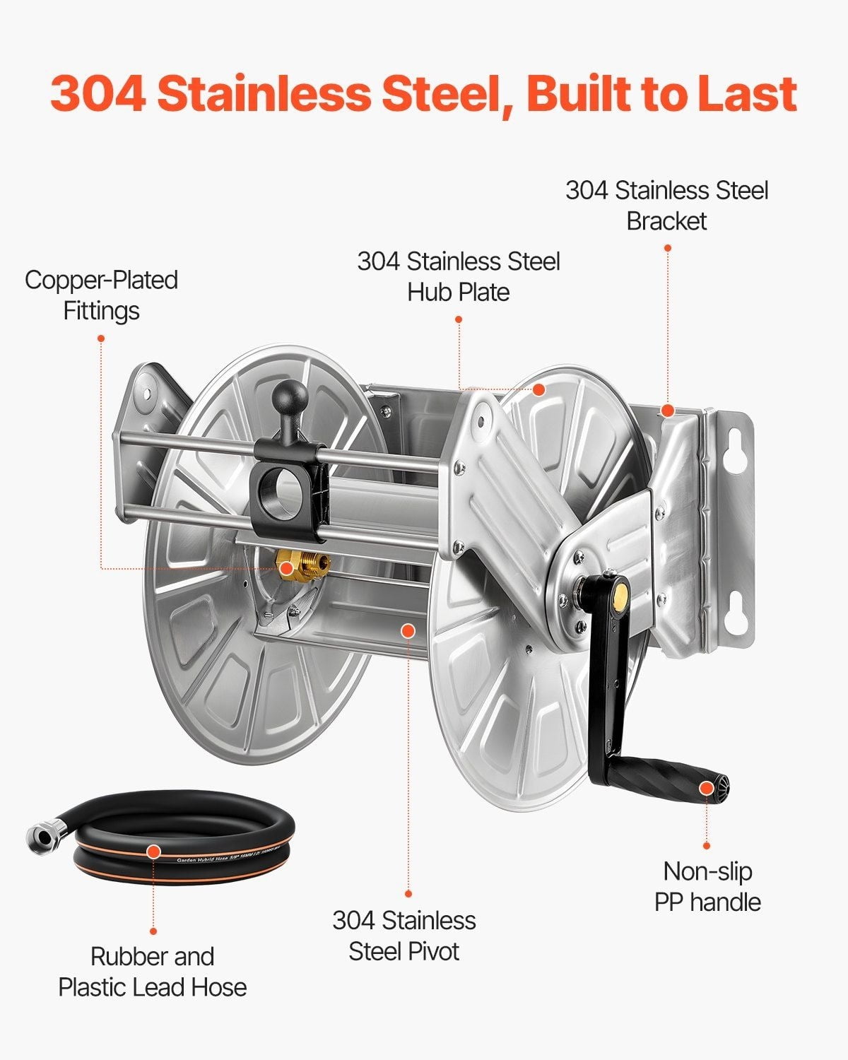 Garden Hose Reel Wall Mounted, 150ft Hose Holder, Stainless Steel Winder