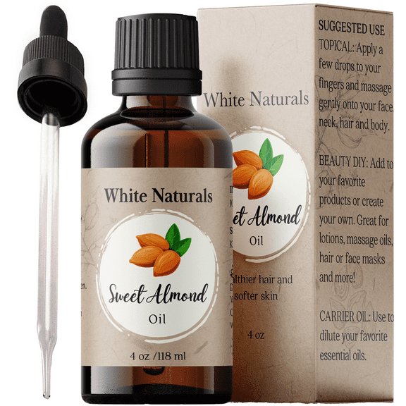 Sweet Almond Oil for Hair and Skin, 100% Pure and Cold Pressed, Hexane Free, Skin Moisturizer, Nails, Therapeutic Massage, Carrier Oil by White Naturals