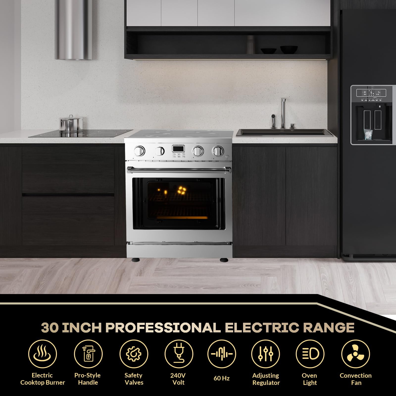30" Electric Range with 4 Heating Elements Convection Oven 4.8 Cu. Ft. Capacity, 6 Functions - Professional Electric Range Oven with Smooth Glass Top