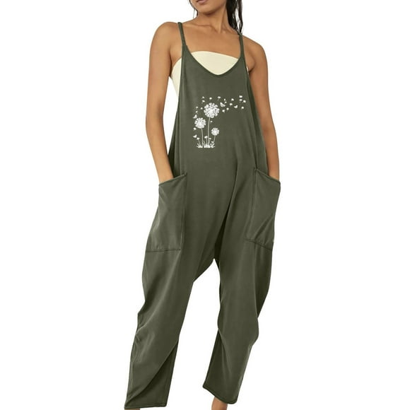 Summer Jumpsuits for Women Sleeveless Onesie Rompers Casual Strappy Printed Baggy Wide Leg Pants Jumpers with Pockets