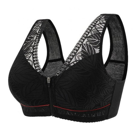 

Xmarks Sexy Deep V Lace Bralette Front Zipper Wireless Padded Everyday Bras Push Up Wide Straps Underwear Vest for Women Black 40/90