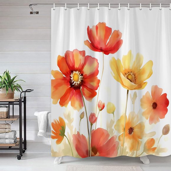 ABDFHE-Red Orange Floral Shower Curtain Watercolor Burnt Orange Flower Country Natural Plant Wildflower Farmhouse Bath Curtains with Hook 70x70 Inch