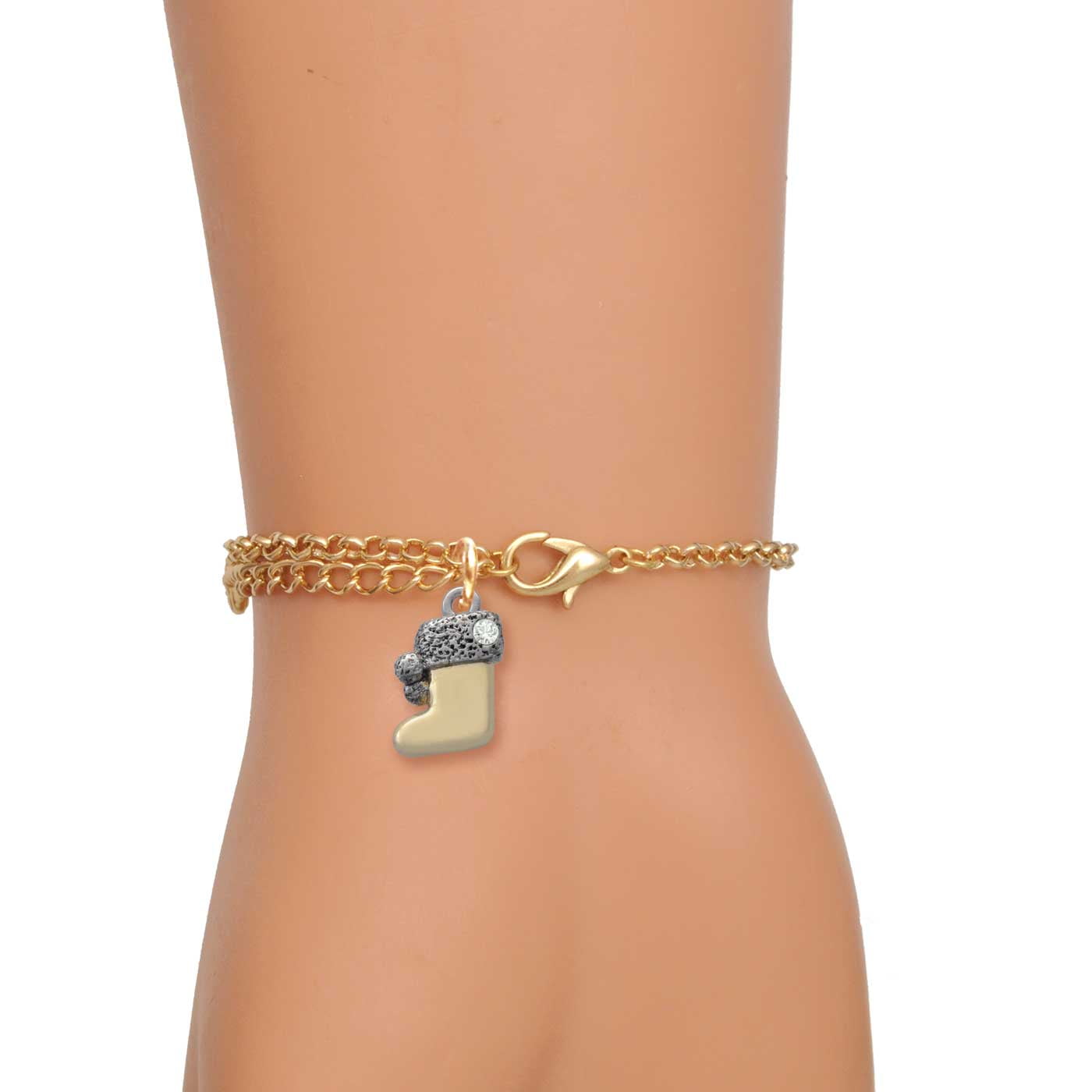 Delight Jewelry Two-tone 3-D Stocking with Clear Crystal - Gold Tone Joshua 1:9 Strong and Courageous Engraved Cross Charm Bracelet, 6.5+1.5" Extender