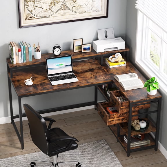 L Shaped Desk with Drawers and Shelves for Dual Monitors,  Corner Desk Home Office Desk with Storage Shelves and Monitor Stand