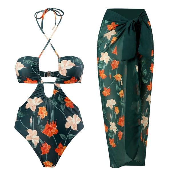 Gibobby Trajes de Baño Mujer Trajes de baño de 3 piezas para mujer, anillo Halter, estampado completo, traje de baño envolvente para la playa, conjunto d(F,CH)