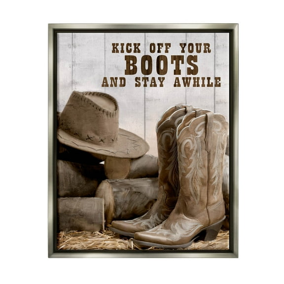 Kick Off Boots Stay Awhile Phrase Inspirational Graphic Art Luster Gray Framed Art Print Wall Art