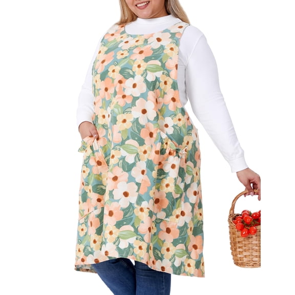 Comfortable Huge Plus Size Aprons For Women Adjustable Cross Back Floral Cotton Linen Aprons Balsamina