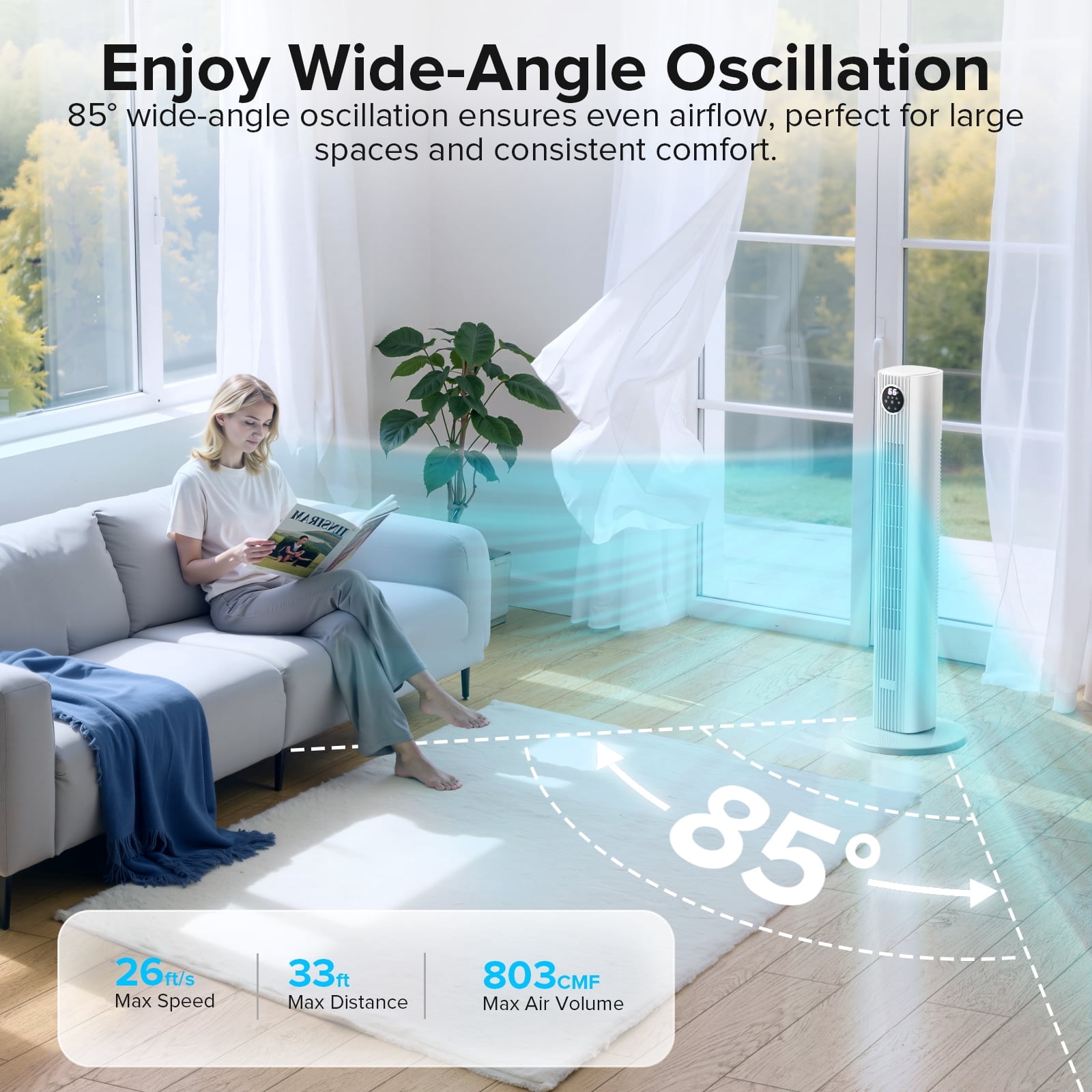 Electactic 35" Oscillating Tower Fan, Bladeless Floor Fan with Remote, 4 Modes & 3 Speeds, 12H Timer, Quiet & Family-Safe, LED Display, 85° Wide Cooling for Bedroom & Home (White)