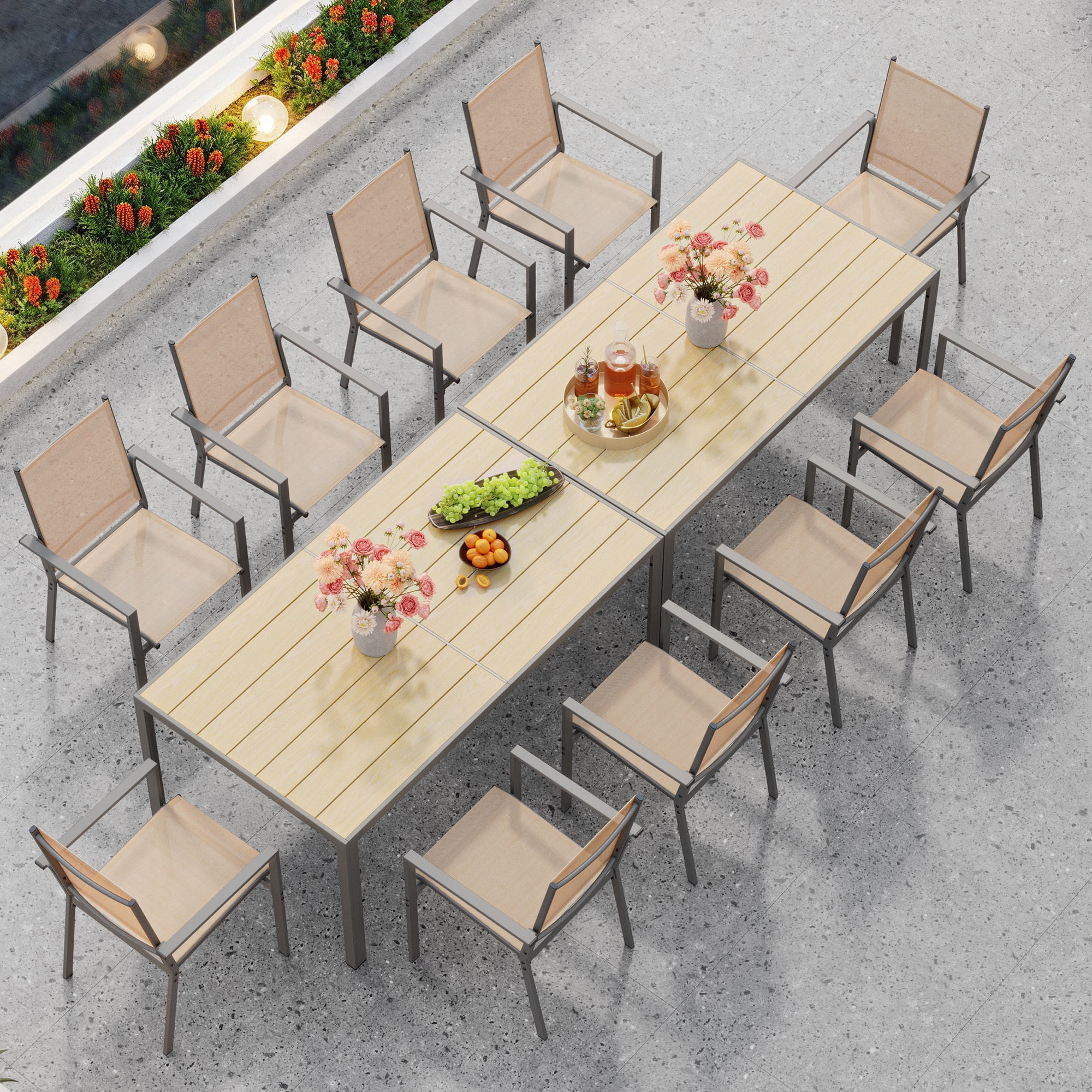 Noelse 7 Piece Patio Dining Set, Outdoor  Patio Table and Chairs with Umbrella Hole, 6 Stackable Textilene Chairs for Backyard, Brown