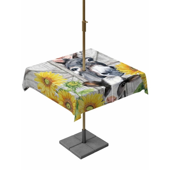 Outdoor Tablecloth with Umbrella Hole and Zipper, Farmhouse Square Table Cloth 54x54 Inch Waterproof Tablecloth, Watercolor Sunflowers Animals Printed Wood Grain Picnic Table Cover for Patio Camping