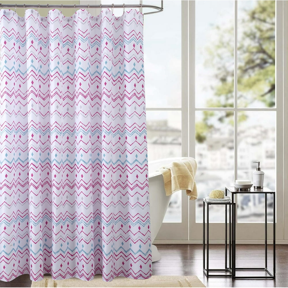 White/Pink/Fuschia Chevron Geometric Shower Curtain with Reinforced