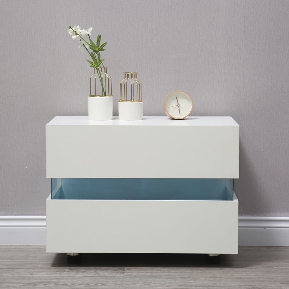 Miumaeov 2 Drawers High Gloss Nightstand LED Light Bedside Table with ...