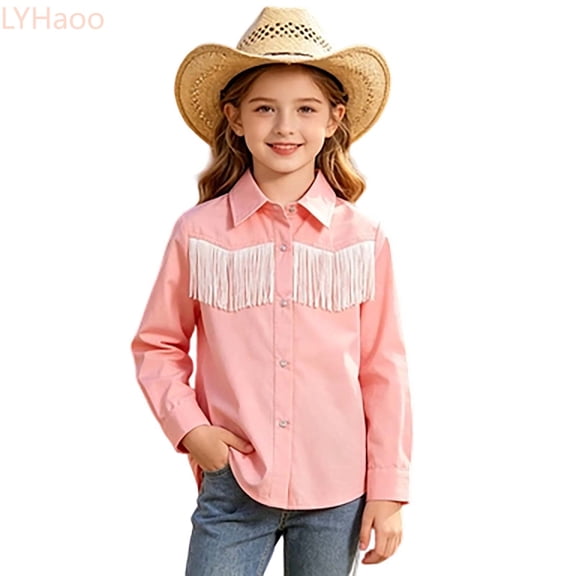 LYHaoo Girls Western Button Down Shirt Cowgirl Fringe Shirts Long Sleeve Tassel Casual Shirts,9-10 Years