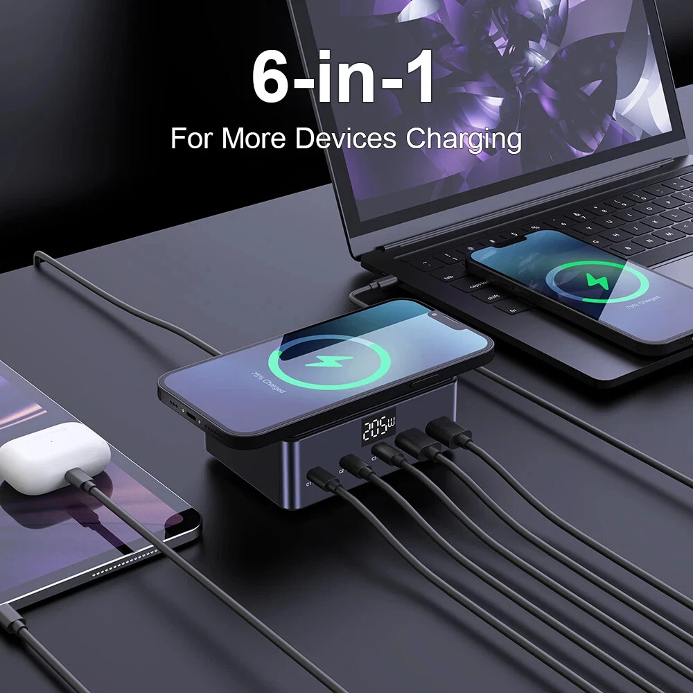 205W Desktop Charging Station: 5 Fast Charging USB Ports + 15W Wireless Pad, Smart LED Display, All-in-One Power Hub Compatible with iPhone, Android, Smartwatch, and More – Organize Your Desk, Black
