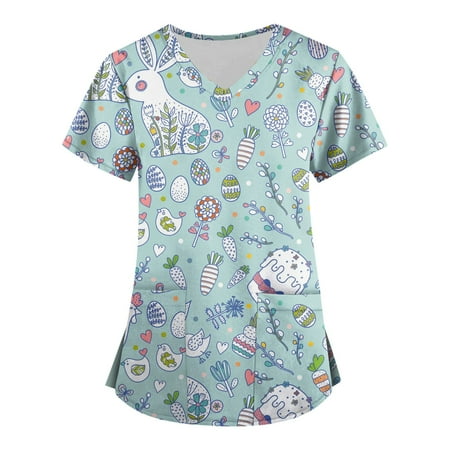 

DNDKILG Women s Holiday Professionals T Shirt Working Pockets Nursing Scrubs V Neck Scrubs Top Short Sleeve Casual Uniform 2XL