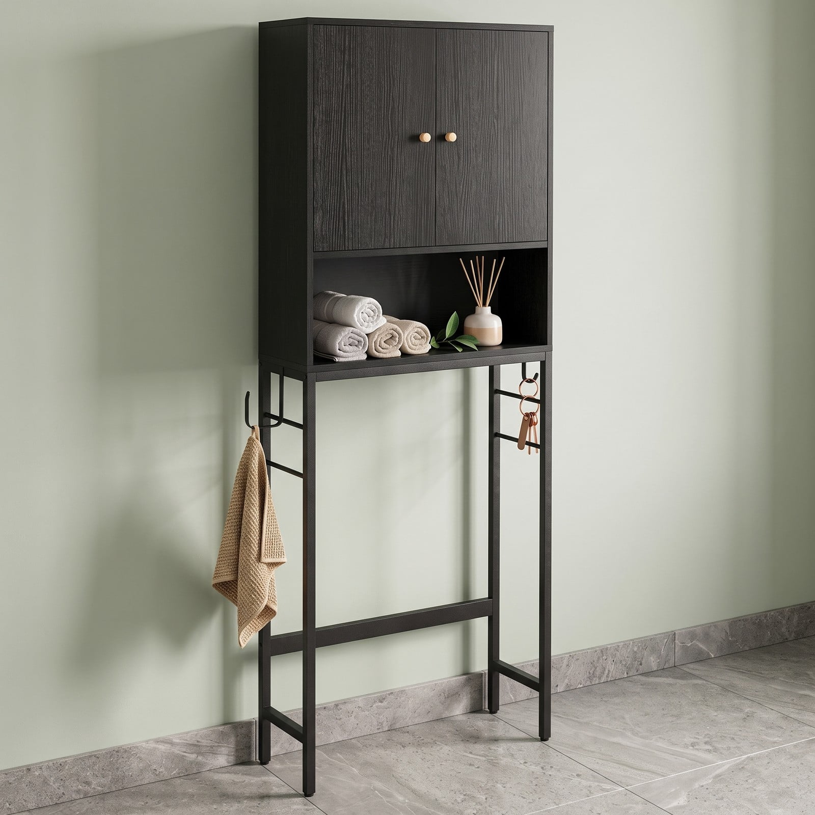 ALPULON Tall Over the Toilet Storage Cabinet with 2 Doors and Adjustable Shelf for Small Bathroom and Laundry Room, Black