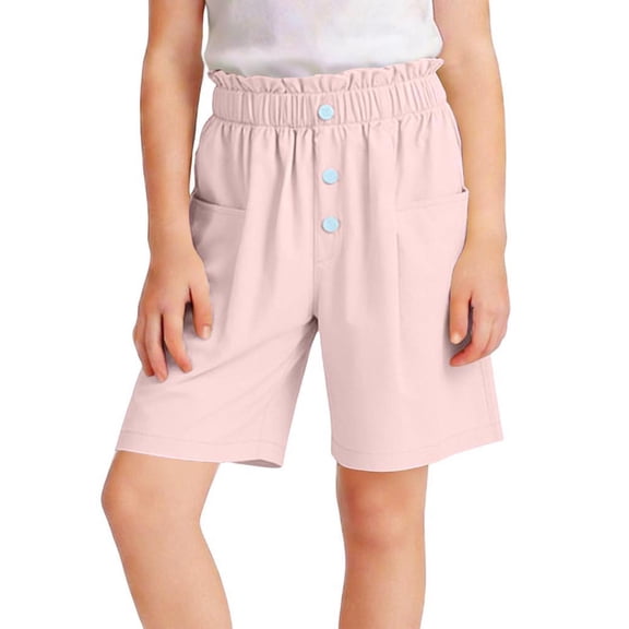 Amidoa Girl Shorts Elastic Waist With Pockets Wide Leg High Waisted Casual Baggy Summer Shorts,Pink,9-10 Years
