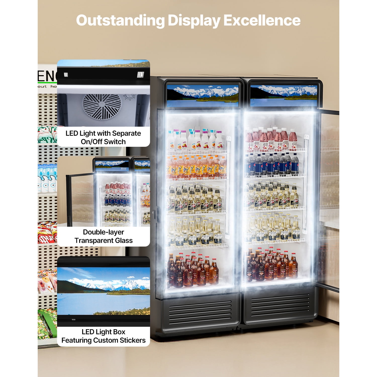 KFFKFF Commercial Merchandiser Refrigerator Single Glass Door 6.9 Cu ft , Display Beverage Cooler Merchandiser Customizable Lightbox
