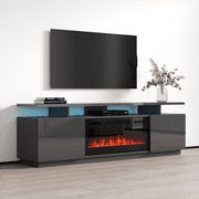 Eva-KBL Fireplace TV Stand for TVs up to 80, Modern High Gloss 71 Entertainment Center, Electric Fireplace TV Media Console with Storage Cabinets and LED Lights