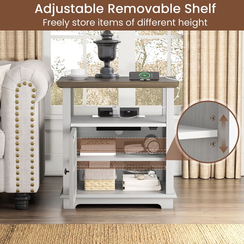 Plamle 24 Inch End Table with Charging Station, Nightstand with USB Ports & Outlets, Storage Side Table with Adjustable Shelf & Glass Door for Bedroom Living Room, Wood Finish