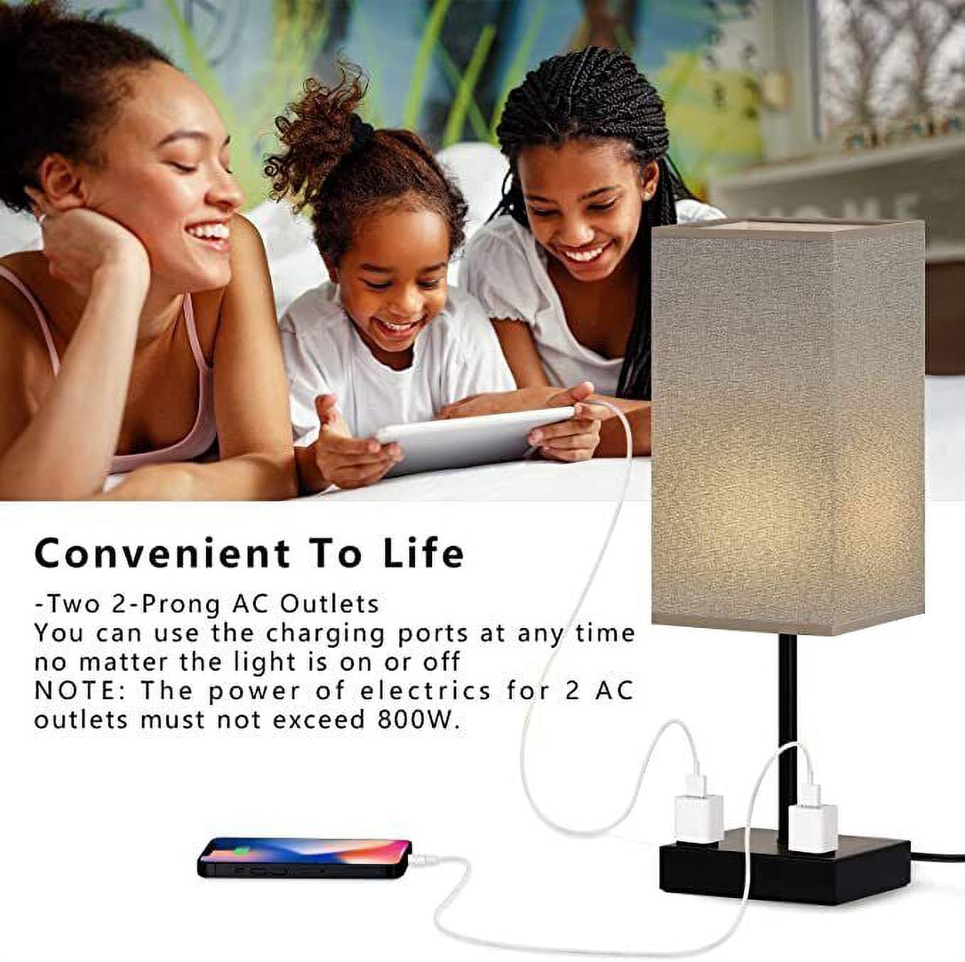 Grey Nightstand Lamps Set of 2 Touch Control Bedside Lamps with Dual AC Outlets