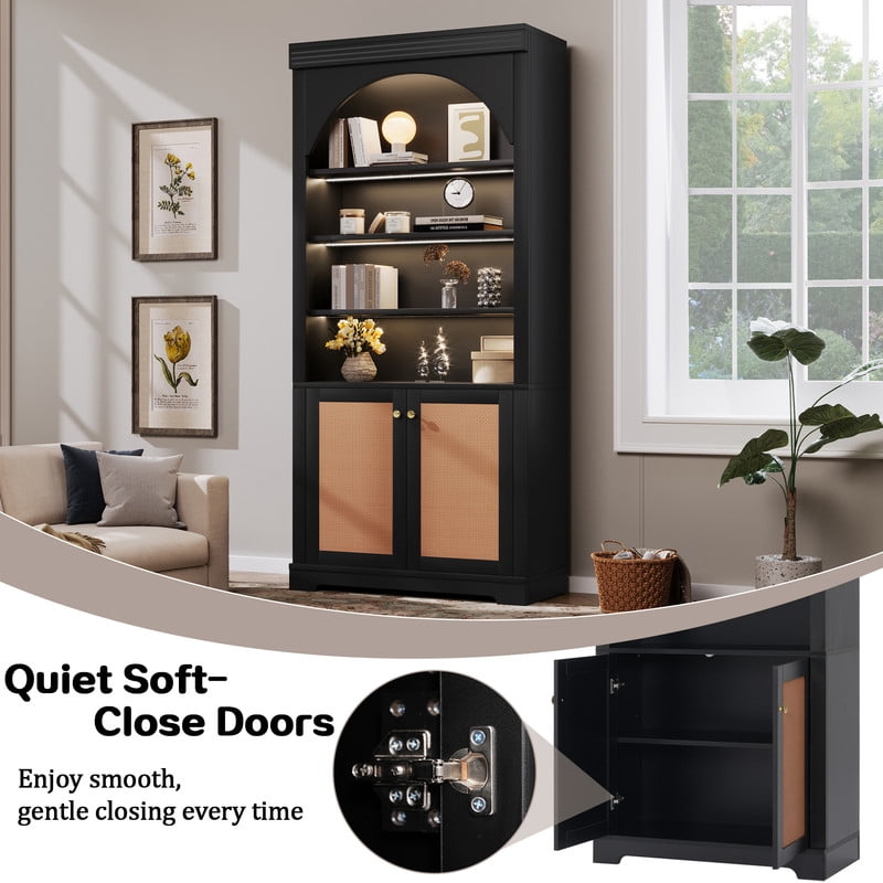 2-Door Wooden Display Bookshelf Office Hutch, Bookcase with 4-Layer LED Lighting Shelves, Storage Cabinet with Adjustable Shelf