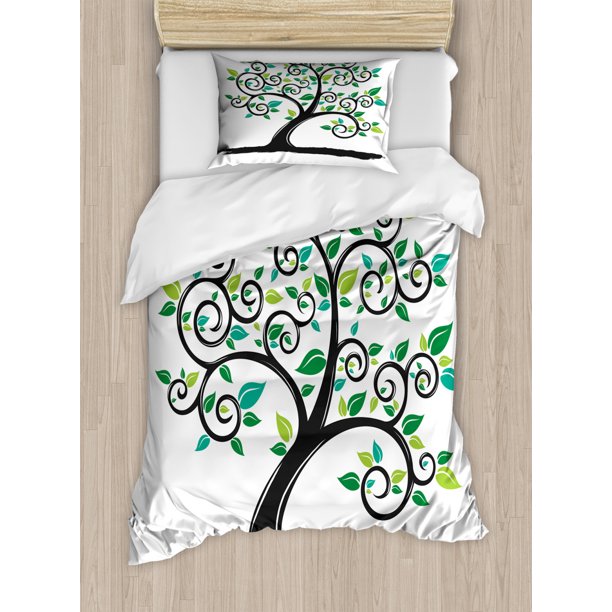 Tree Duvet Cover Set Twin Size, Abstract Nature Interpretation Pattern on Plain Background, 2