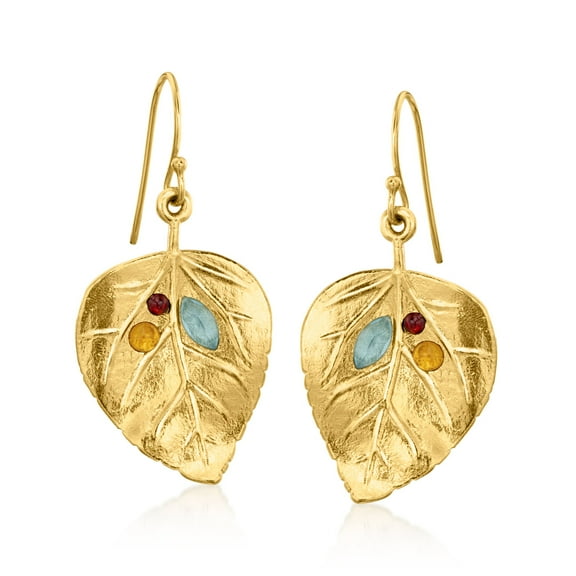 Ross-Simons 1.40 ct. t.w. Multi-Gemstone Leaf Drop Earrings in 18kt Yellow Gold Over Sterling, Women's, Adult