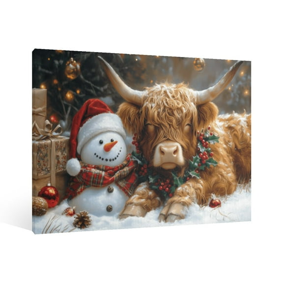 Vintage Christmas Snowman and Highland Cow Wall Art Paint - Retro Xmas Festive Winter Holiday Christmas Wall Decor Canvas for Living Room Kitchen Bathroom Home Bedroom Decor Framed