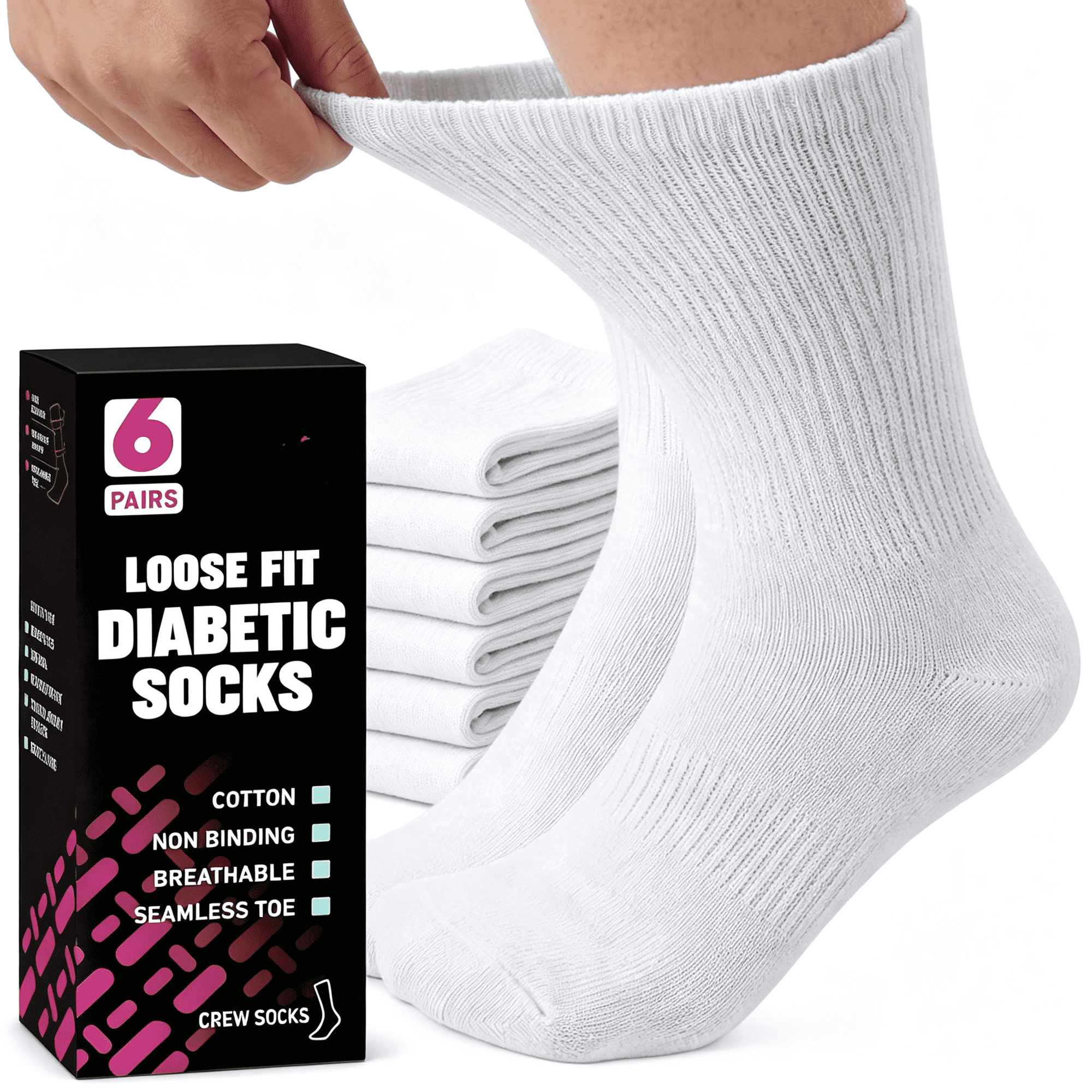 XIRQI Diabetic Socks for Men and Women Loose Fit Non-Binding Cotton Crew Socks 6 Pairs Womens Diabetic Socks