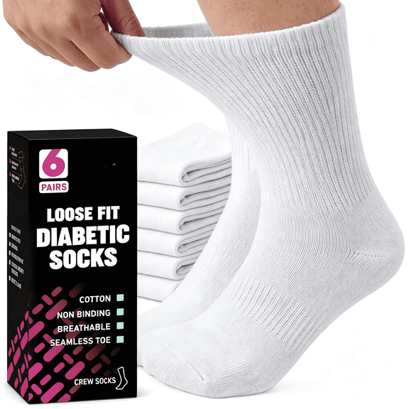 XIRQI Diabetic Socks for Men and Women Loose Fit Non-Binding Cotton Crew Socks 6 Pairs Womens Diabetic Socks