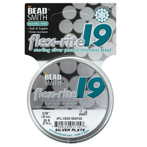 The Beadsmith Flex-Rite Beading Wire, 19 Strand .018" Thick, 30 Foot Spool, Silver Plated