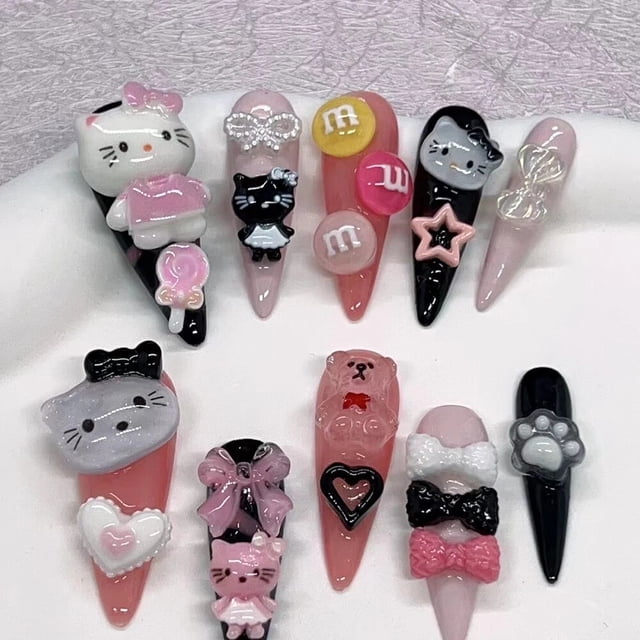 Uñas postizas de dibujos animados Kawaii, Hello Kitty, Cinnamoroll, Mymelody, Kuromi Kirby, Stiletto largo, prensa en cabeza cuadrada, trabajo manual