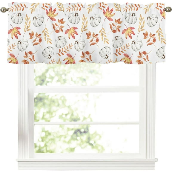 Fall Autumn White Pumpkin Kitchen Curtains Valance for Windows Thanksgiving Decor Orange Leaves Harvest Curtain Farmhouse Rod Pocket Window Treatment for Bathroom living Room Decorations 54x18inch