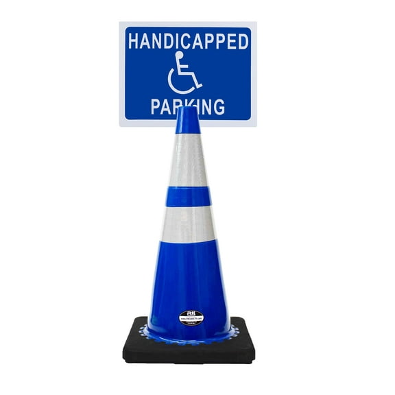 RK-Safety 28" Blue Cone, Black base With Two Reflective Tape, Plus Cone Sign 40 "Handicapped Parking", (Cone-2 ea Cone Sign-2 ea)