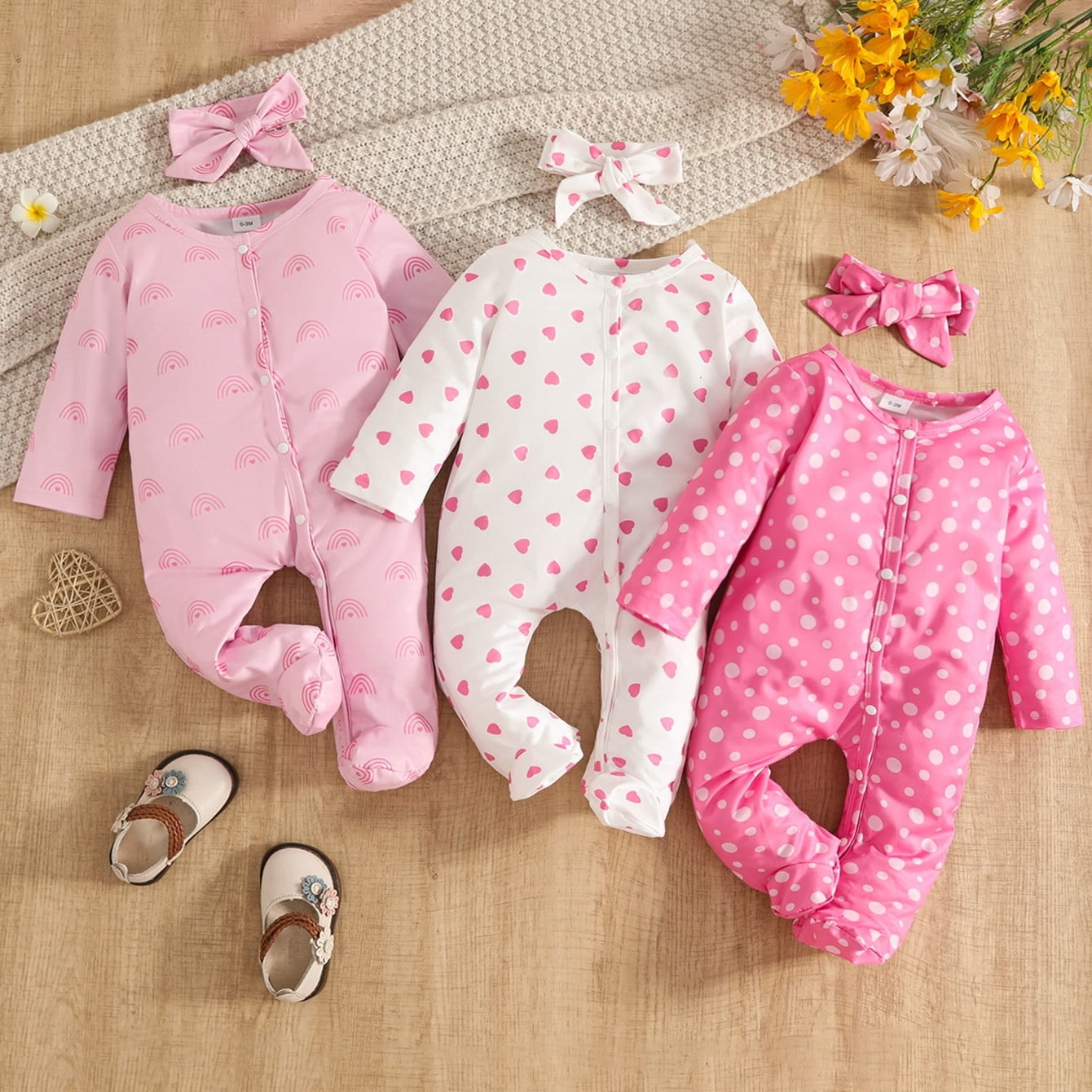 Karoyedx Winter Rompers for Baby Girls Newborn Girl Valentines Outfit Print Romper 3pcs Set Ruffled Zipper Footed Baby Jumpsuit + Bow Headband Pink Size,9-12 Months