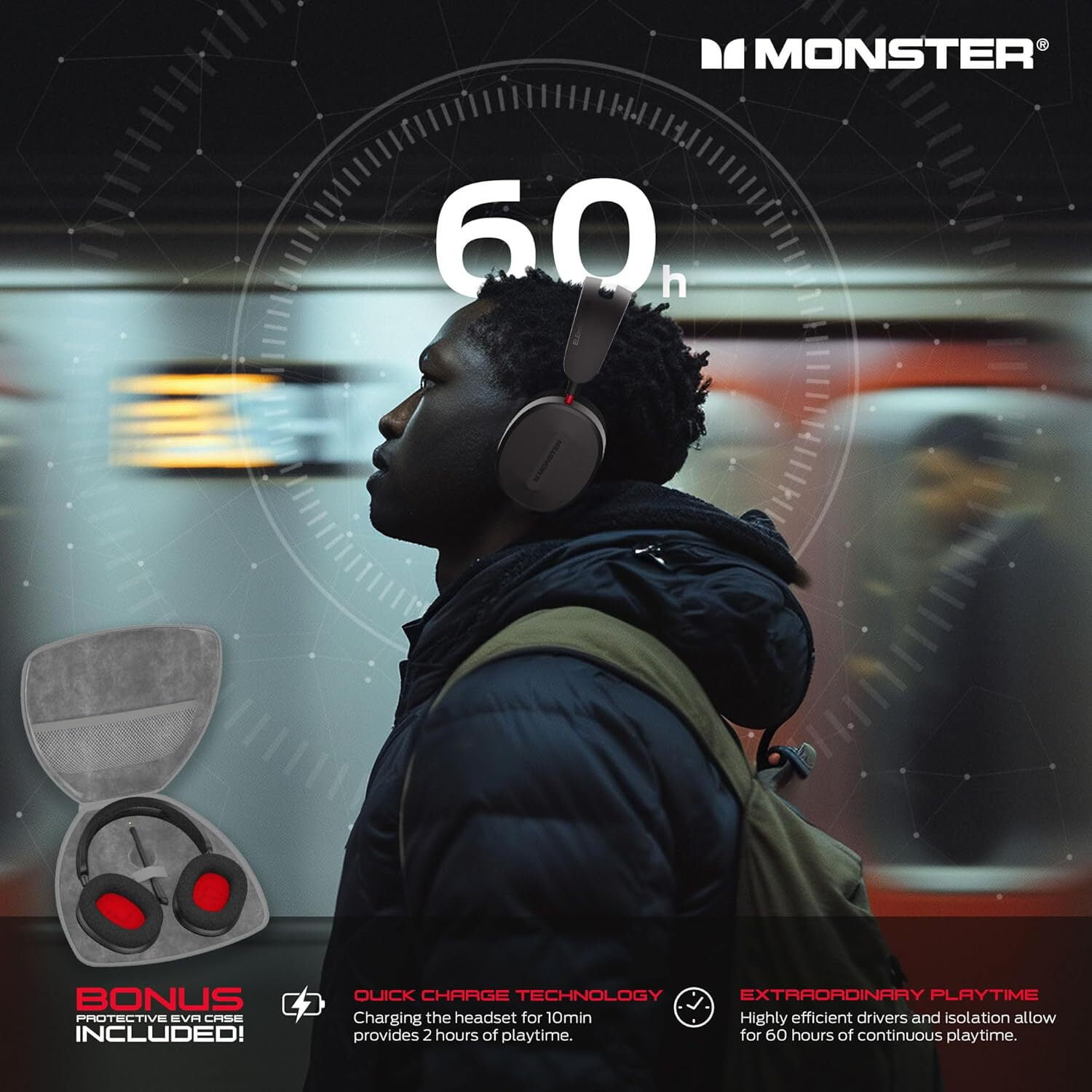 Monster Elements Air Bluetooth On-Ear Headphones, Detachable Pro Mic, 50mm Dynamic Drivers, 60-Hour Playtime, Protective Case