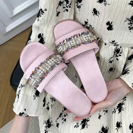 

Cathalem Fashion Women Beach Slip On Pearl Casual Open Toe Non Slip Flat Breathable Slippers Shoes Women s Open Toe Slippers Red 7.5