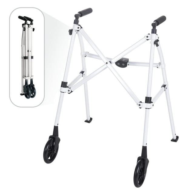 Andador Stander Wonder, ligero y plegable, ahorra espacio y es ideal para adultos y personas mayores. Andador compacto con ruedas de 6 pulgadas y deslizadores para mayor movilidad, color blanco intens