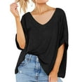 thumbnail image 2 of Lovskoo Summer Tops for Women 2024 V Neck Short Sleeve Solid Color Oversized Tops Basic Casual Loose T Shirt Black, 2 of 8