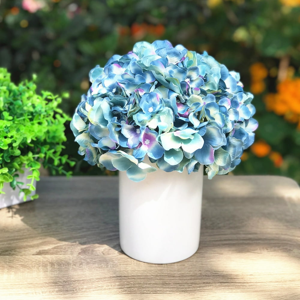 Enova Home Blue Silk Hydrangea Flower Arrangement in White Ceramic Vase