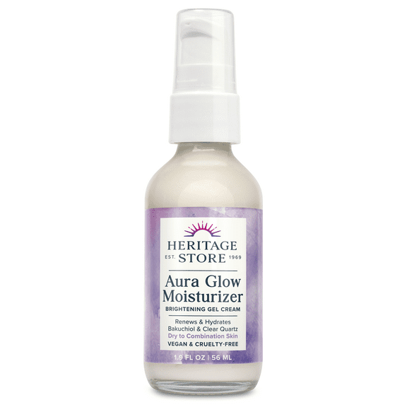 HERITAGE STORE Aura Glow Face Moisturizer for Dry Combination Skin - Gel Facial Moisturizer Brightens, Firms Skins Appearance, Adds Radiance w/ Bakuchiol, Clear Quartz, Vegan, 60-Day Guarantee, 1.9oz