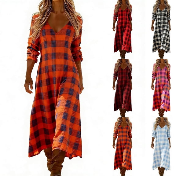 Lovzfmll Shift Dress for Women, Plaid Print V-Neck Long Sleeve, Casual Bohemian Maxi Dress Orange, S