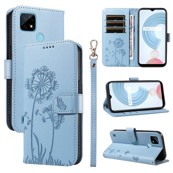 Wallet Case for OPPO Realme C21, Kickstand and 3 Card Slots, Shockproof and Scratch Resistant, Sky Blue