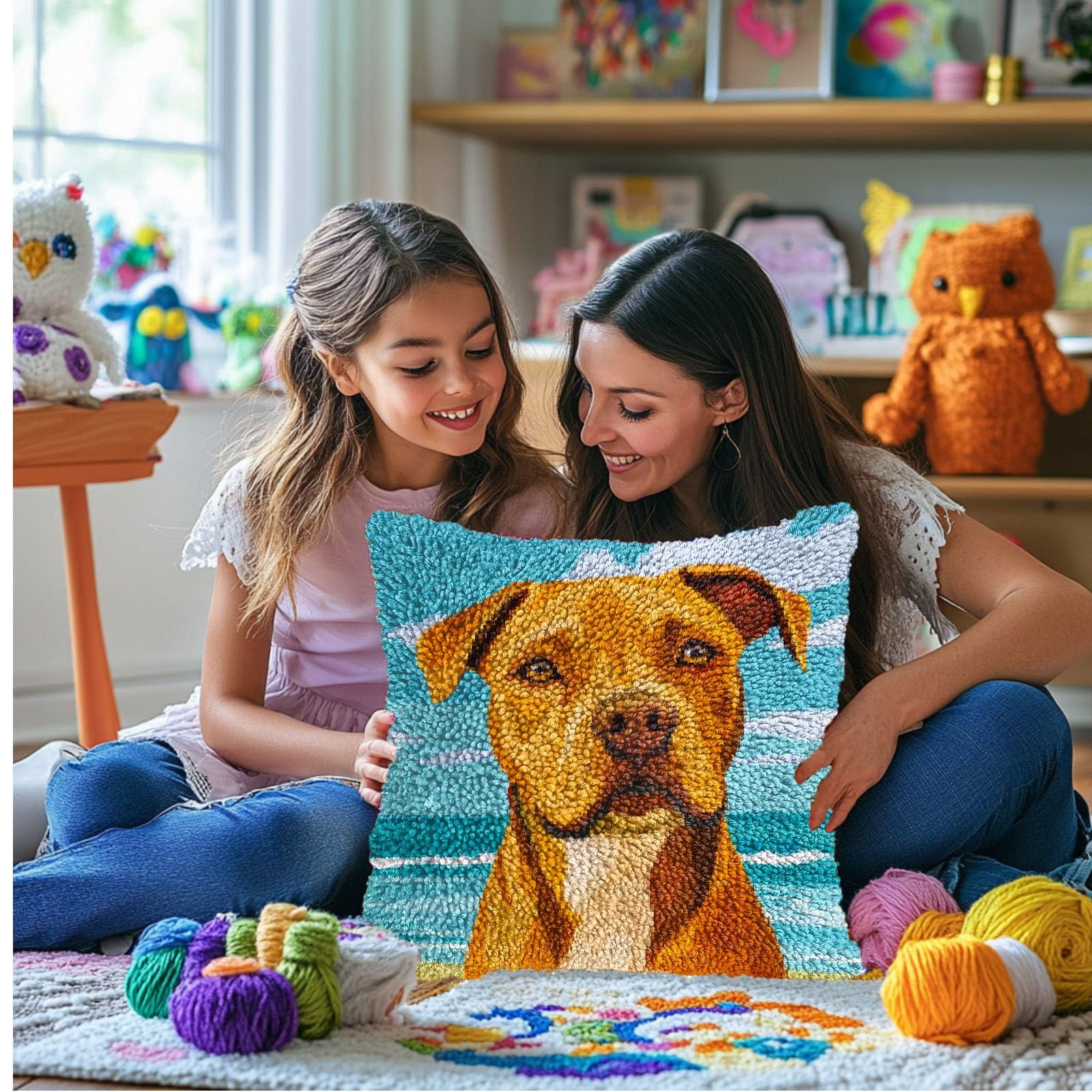 DIY Latch Hook Pillow Kits for Adults Cartoon Pitbull Dog Printed Pillowcase Crochet Yarns Hooking Handmade Pillow Cover Cushion for Home Sofa Decoration 17x17inch-3